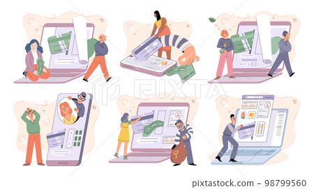 Hacker activity big set. Hacking computer. Phishing account, cyber attack on personal data 98799560