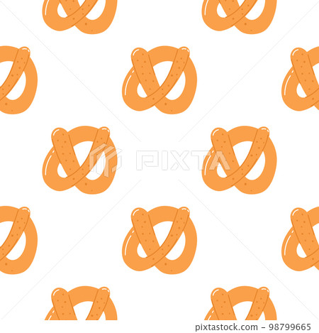 Seamless pattern with tasty pretzel in cartoon flat style. Hand drawn vector background with sweet pastry, bun, bagel 98799665