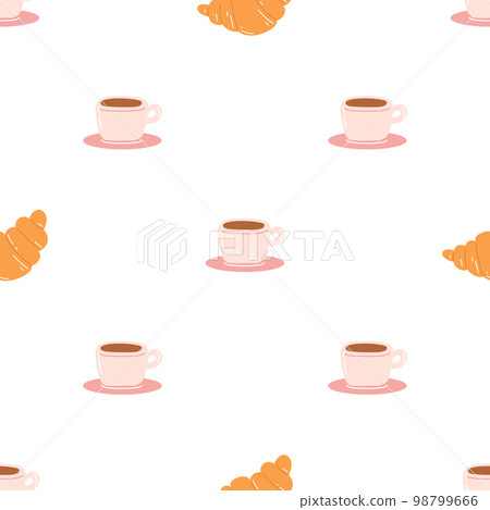 Seamless pattern with coffee mug and croissant on white background. Flat vector texture for wrapping paper, textile, web design 98799666