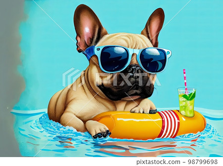 A brown French bulldog in black sunglasses floats on a yellow inflatable mattress A brown French bulldog in black sunglasses floats on a yellow inflatable mattress 98799698