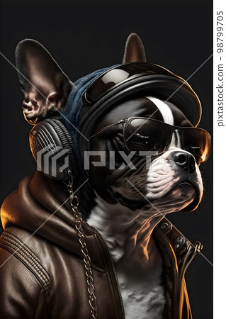 Boston Terrier dog in baseball hat and aviator jacket with headphones 98799705