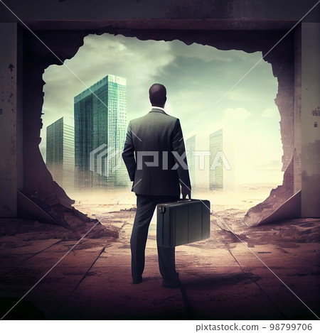 A businessman comes out of an opening in the wall , onto a street with modern skyscrapers A businessman comes out of an opening in the wall , onto a street with modern skyscrapers 98799706