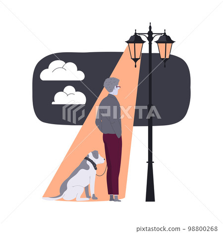 Loneliness with Lonely Man Character Standing on Spot of Street Lamp with Dog Pet Feeling Depression and Sadness Vector Illustration 98800268