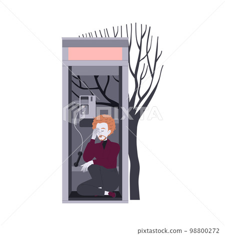Loneliness with Lonely Man Character Sitting in Phonebooth Feeling Depression and Sadness Vector Illustration 98800272