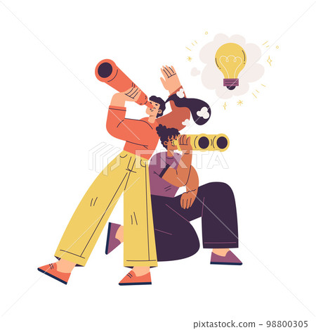 Idea with Woman Looking in Binoculars with Yellow Light Bulb Finding Solution Vector Illustration Idea with Woman Looking in Binoculars with Yellow Light Bulb Finding Solution Vector Illustration 98800305