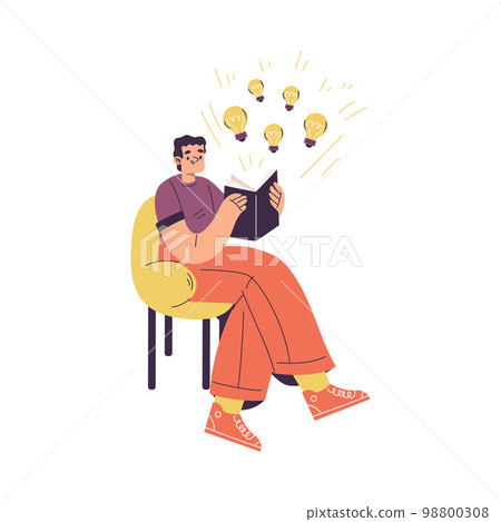 Idea with Man on Chair with Open Book and Yellow Light Bulb Finding Solution Vector Illustration 98800308
