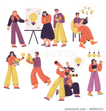 Ideas with Man and Woman with Yellow Light Bulb Finding Solution Vector Set Ideas with Man and Woman with Yellow Light Bulb Finding Solution Vector Set 98800322