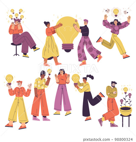 Ideas with Man and Woman with Yellow Light Bulb Finding Solution Vector Set Ideas with Man and Woman with Yellow Light Bulb Finding Solution Vector Set 98800324