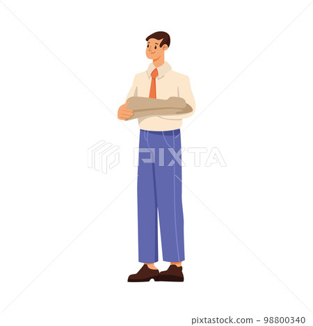 Smiling Man Hotel Manager or Administrator in Uniform Standing with Bedsheet Vector Illustration Smiling Man Hotel Manager or Administrator in Uniform Standing with Bedsheet Vector Illustration 98800340
