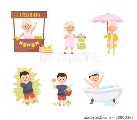 Little Boy and Girl in Childhood Engaged in Recreation Activity Vector Set 98800385