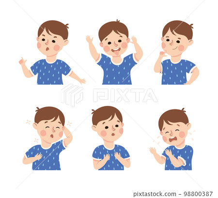 Little Boy Demonstrating Facial Expression and Emotion Grimacing Vector Set 98800387