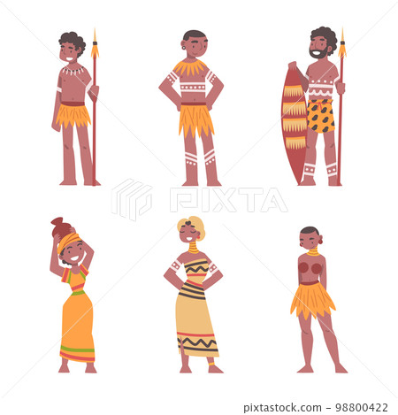 Barefoot African Aboriginal Man and Woman Character Dressed in Traditional Tribal Clothing with Vase and Spear Vector Set Barefoot African Aboriginal Man and Woman Character Dressed in Traditional Tribal Clothing with Vase and Spear Vector Set 98800422