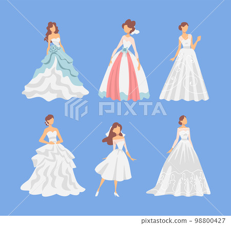 Bride in White Wedding Dress Standing as Newlywed or Just Married Female on Blue Background Vector Set 98800427