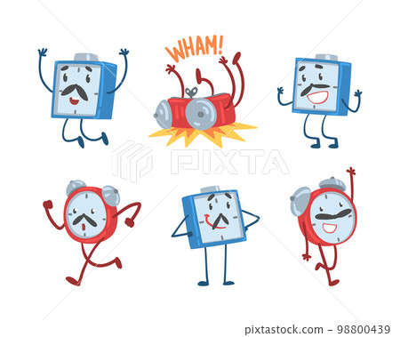Blue and Red Alarm Clock Character with Funny Face Expression Vector Set Blue and Red Alarm Clock Character with Funny Face Expression Vector Set 98800439