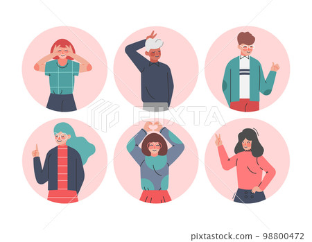 Smiling Male and Female Showing Positive Hand Gesture in Circular Frame Vector Set 98800472