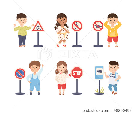 Little Boy and Girl Pedestrian Learning Road Sign and Traffic Rule Vector Set Little Boy and Girl Pedestrian Learning Road Sign and Traffic Rule Vector Set 98800492