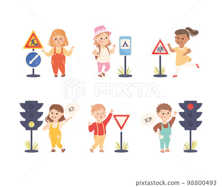 Little Boy and Girl Pedestrian Learning Road Sign and Traffic Rule Vector Set Little Boy and Girl Pedestrian Learning Road Sign and Traffic Rule Vector Set 98800493