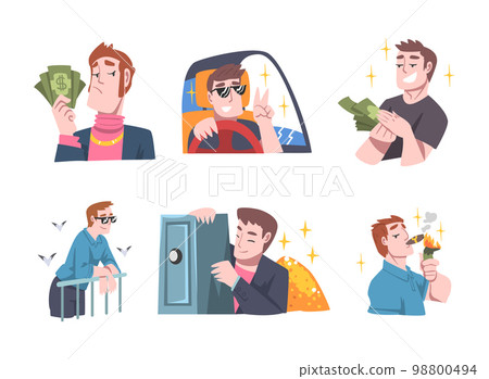 Rich and Wealthy Man Characters Having Abundance of Financial Assets Rolling in Cash Vector Illustration Set Rich and Wealthy Man Characters Having Abundance of Financial Assets Rolling in Cash Vector Illustration Set 98800494