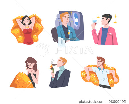 Rich and Wealthy People Characters Having Abundance of Financial Assets Rolling in Cash Vector Illustration Set Rich and Wealthy People Characters Having Abundance of Financial Assets Rolling in Cash Vector Illustration Set 98800495