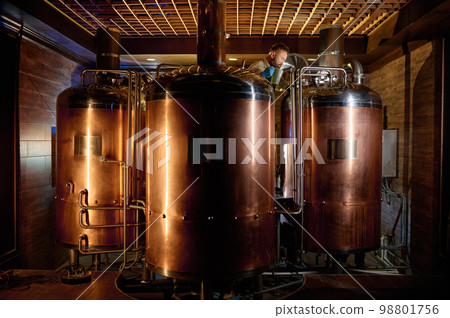 Mature man inspector checking craft beer at brewery 98801756