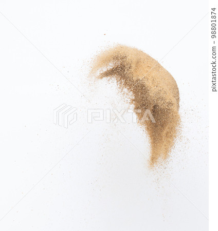Sand flying explosion, Golden sand wave explode. Abstract sands cloud fly. Yellow colored sand splash throwing in Air. White background Isolated high speed shutter, throwing freeze stop motion Sand flying explosion, Golden sand wave explode. Abstract sands cloud fly. Yellow colored sand splash throwing in Air. White background Isolated high speed shutter, throwing freeze stop motion 98801874