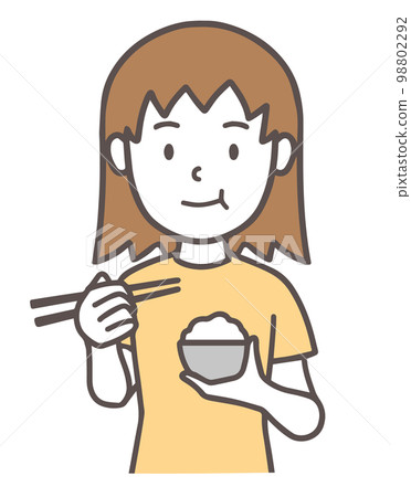A woman holding a bowl and eating rice, simple 98802292