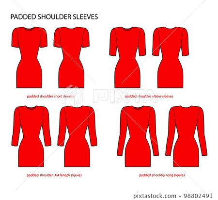 Set of Padded shoulder sleeves clothes - long, short, 3-4, elbow length technical fashion illustration with fitted body Set of Padded shoulder sleeves clothes - long, short, 3-4, elbow length technical fashion illustration with fitted body 98802491