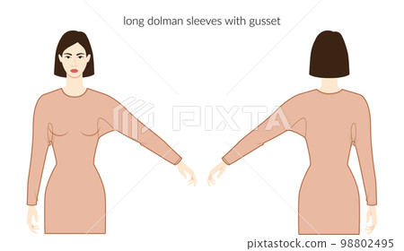 Dolman sleeves with gusset Magyar long length clothes lady character in dress, top, shirt technical fashion illustration Dolman sleeves with gusset Magyar long length clothes lady character in dress, top, shirt technical fashion illustration 98802495