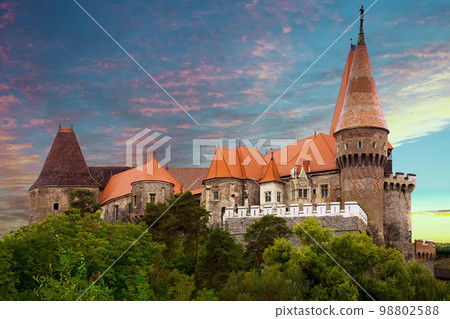 Corvin Castle in evening dusk, Romania 98802588