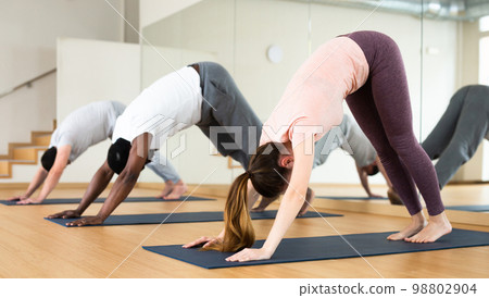 Woman standing in stretching asana Adho Mukha Shvanasana in studio Woman standing in stretching asana Adho Mukha Shvanasana in studio 98802904