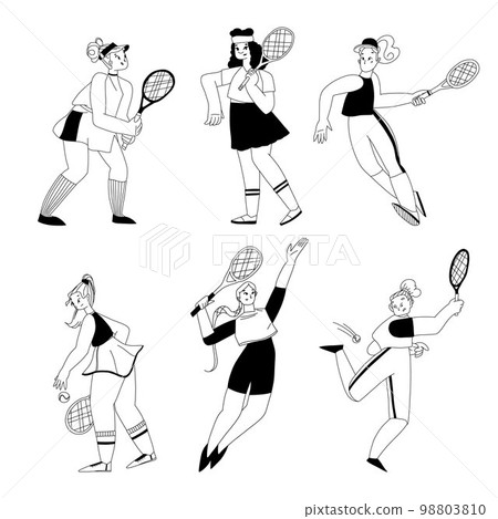 Set of tennis players with rackets in sportswear in different poses during the game in line art. Set of tennis players with rackets in sportswear in different poses during the game in line art. 98803810
