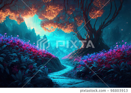 anime scenery of a forest with a path and flowers. generative ai