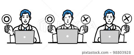 A set of a young male doctor in a white coat holding a Marubatsu tag in front of a laptop A set of a young male doctor in a white coat holding a Marubatsu tag in front of a laptop 98803928