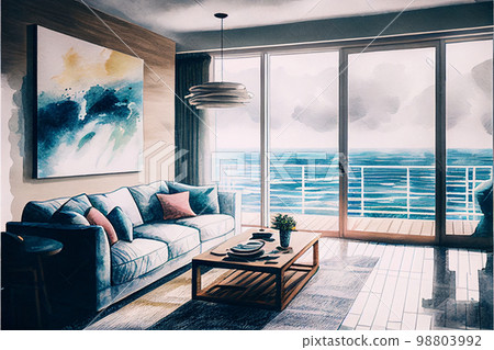 水彩畫客廳海景AI圖像 98803992