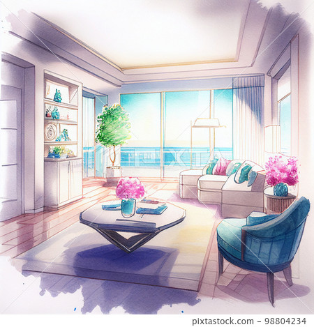 Watercolor painting Colorful living room with sea view AI image 98804234