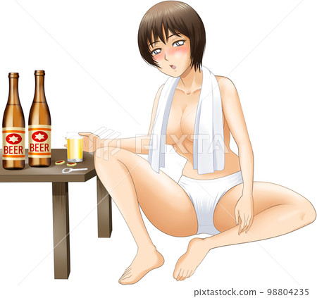 Older sister drinking beer after taking a bath 98804235