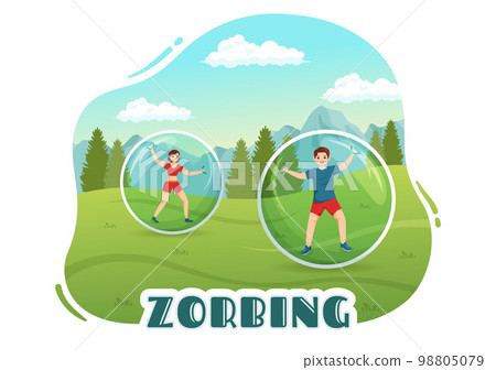 Zorbing Illustration with People Playing Bubble Bump on Green Field or Pool for Web Banner or Landing Page in Flat Cartoon Hand Drawn Templates 98805079