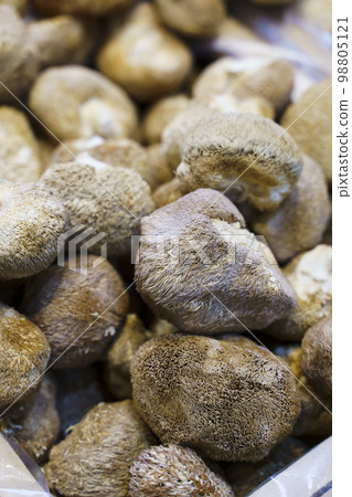 Lion's mane mushroom. Dried Hericium erinaceus for cooking in Chinese cuisine. Selected focus 98805121