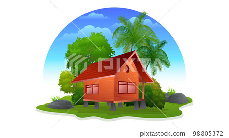 Traditional wooden house cartoon illustration with green grass and trees Traditional wooden house cartoon illustration with green grass and trees 98805372