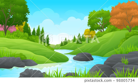 River between lush green hills with rocks vector illustration 98805734