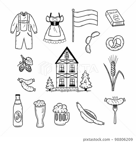 Germany. Set doodle icons for Oktoberfest. Bavarian traditional clothing. Sketch. Hand drawn illustration. Beer and sausages. 98806209