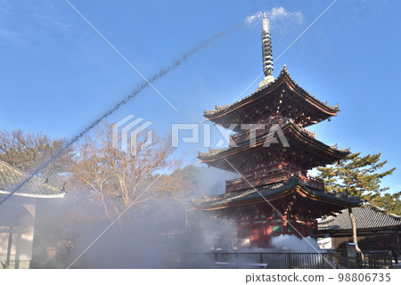 Firefighting drill Fire prevention day for cultural property Water discharge to the Kakurinji three-storied pagoda 98806735