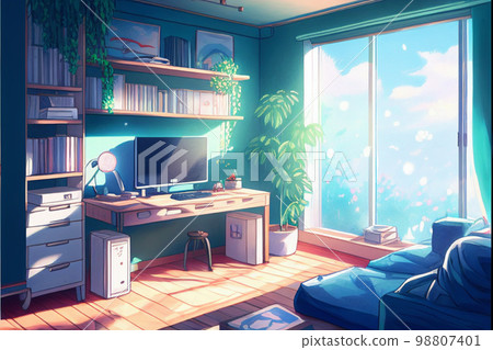 客廳有書架AI圖像 98807401