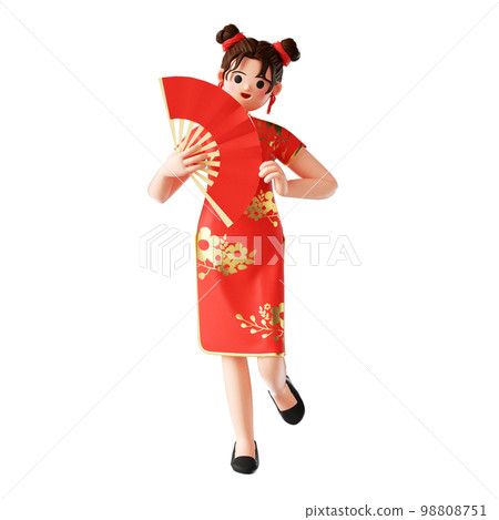 3D rendering of a cartoon female character in traditional Chinese clothes 98808751