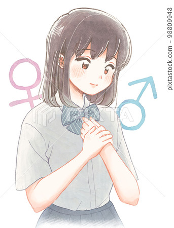 Hand-painted watercolor style, student wearing skirt school uniform, smiling student, transgender 98809948