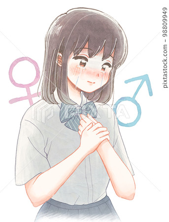 Watercolor illustration of high school students who are worried about their own gender 98809949