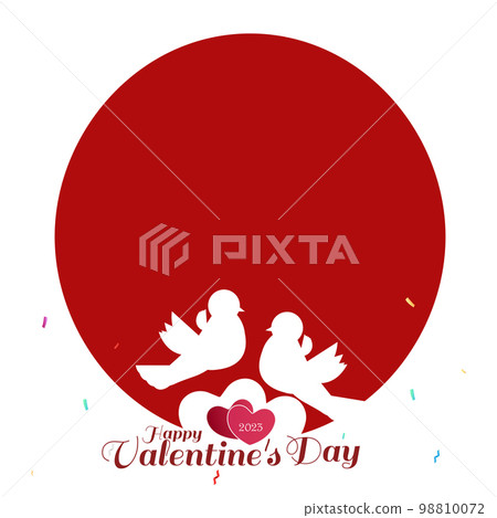 Valentine's Day. Illustration of Love and Valentine's Day Greeting Card. Lovebirds with hearts before the red circle on white background. 98810072