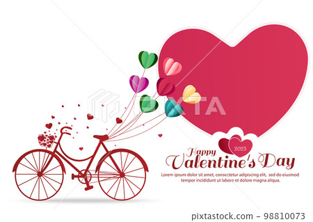 Valentine's Day greeting card with heart shaped balloons tied on a red bike. Big hearts isolated on white background. Vector 98810073
