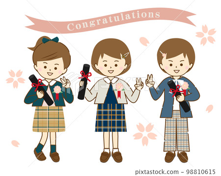 在畢業典禮上和朋友一起拍紀念照的女孩（有櫻花和祝賀絲帶） 98810615