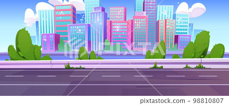Cartoon cityscape, downtown view and empty road 98810807